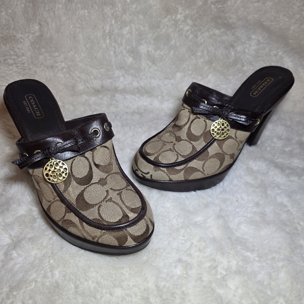 Coach Jodey Signature Monogram Clog Mules Y2K Platform High Heel Shoes 9B EUC